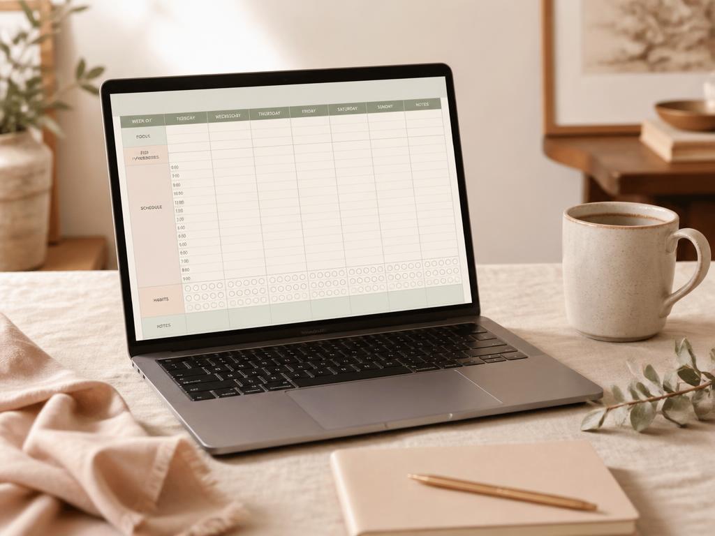 A laptop showing a simple weekly planning spreadsheet on a warm ivory desk