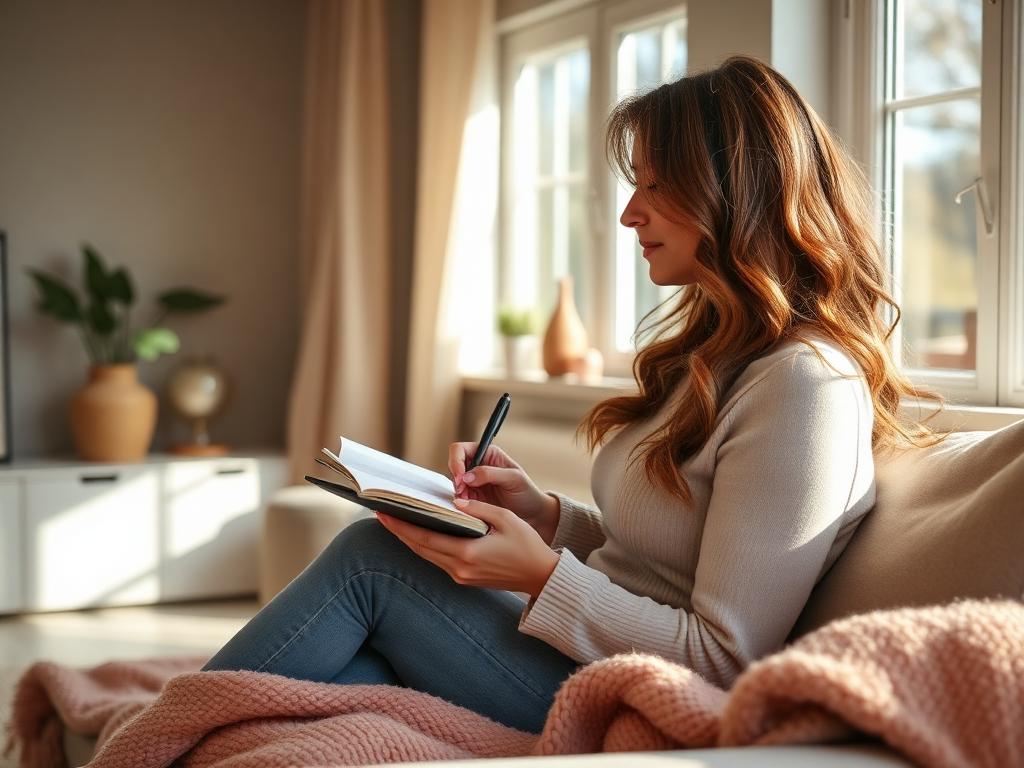 A woman writing in a notebook by a sunny window