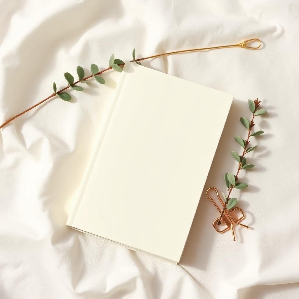 A cream guide booklet on ivory linen with a gold clip and eucalyptus