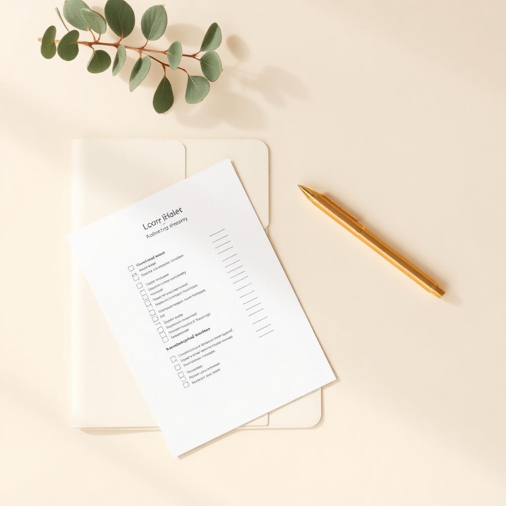 A printed checklist page with a gold pen on a warm ivory desk