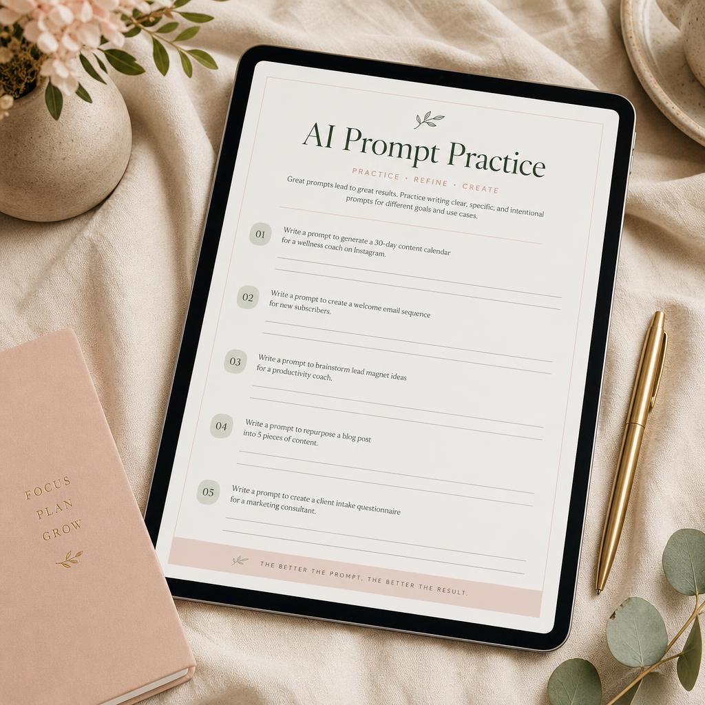 A tablet displaying a prompt workbook page on ivory linen